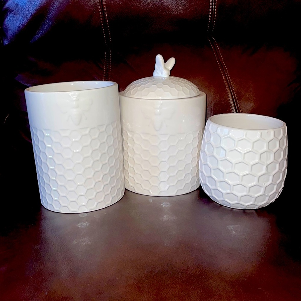 White Bee and Honeycomb canister, utensil holder and small pot